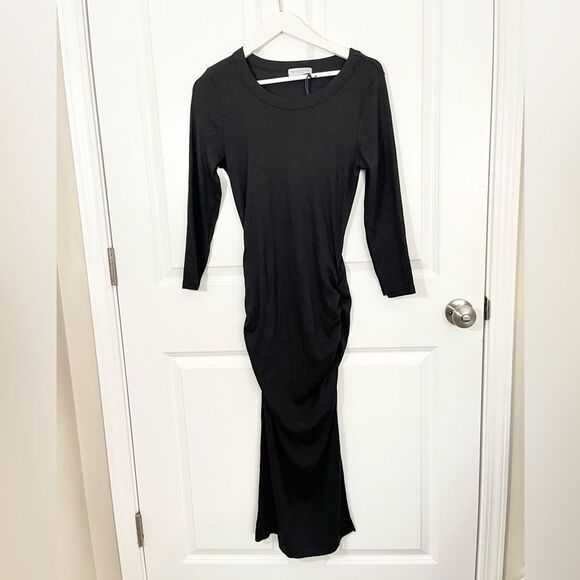 Nwt michael stars Christina Ribbed Midi Dress black quarter sleeve ruched - Picture 5 of 7